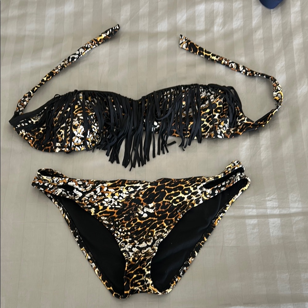 Leopard Print Fringe Bikini Set